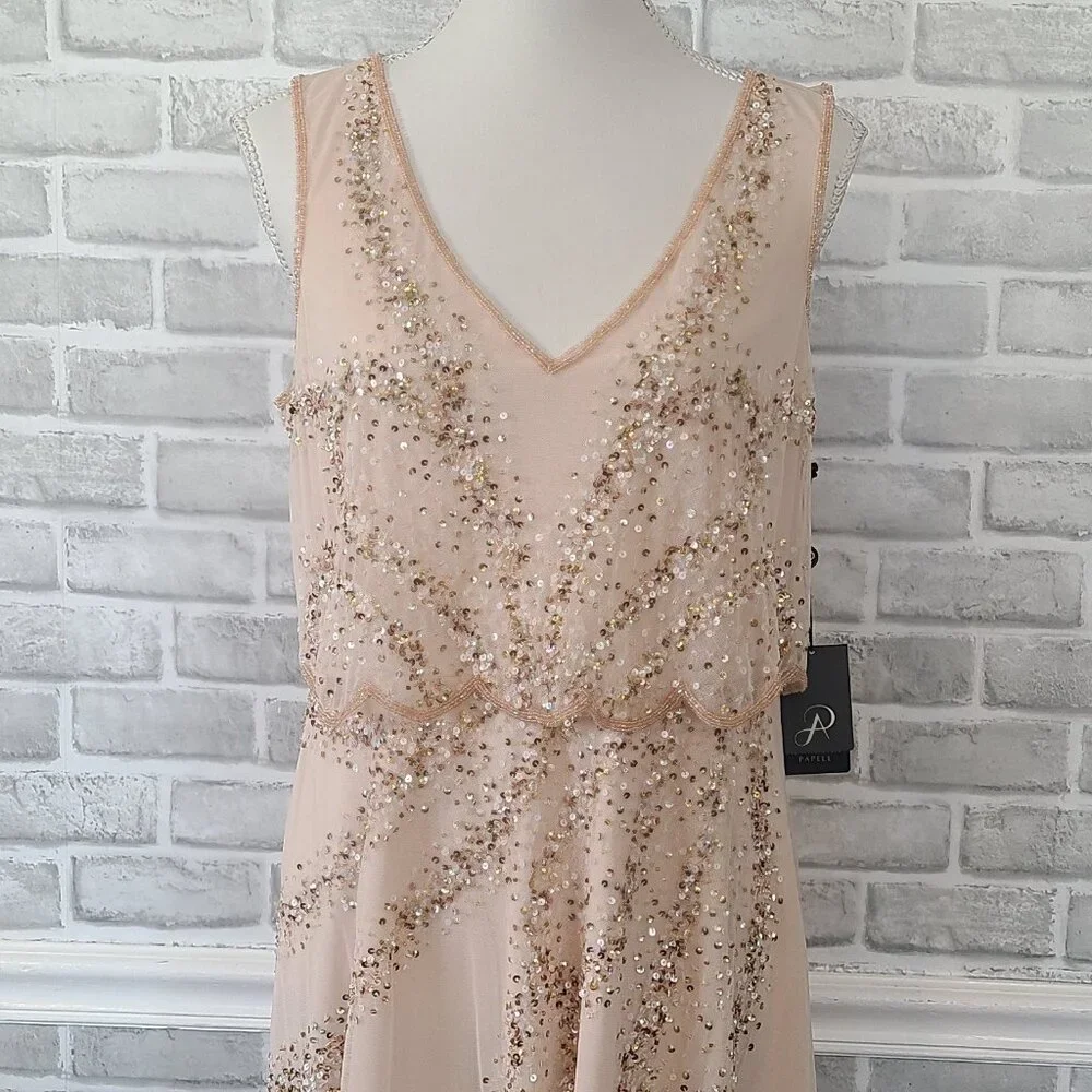 Adrianna Papell NWT Blush Beaded Art Deco Mesh V-Neck Cocktail Midi Dress 12